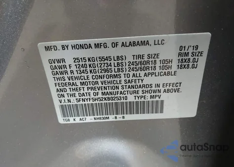 2019 Honda Pilot Ex-L z USA, uszkodzony, nr VIN 5FNYF5H52KB025310